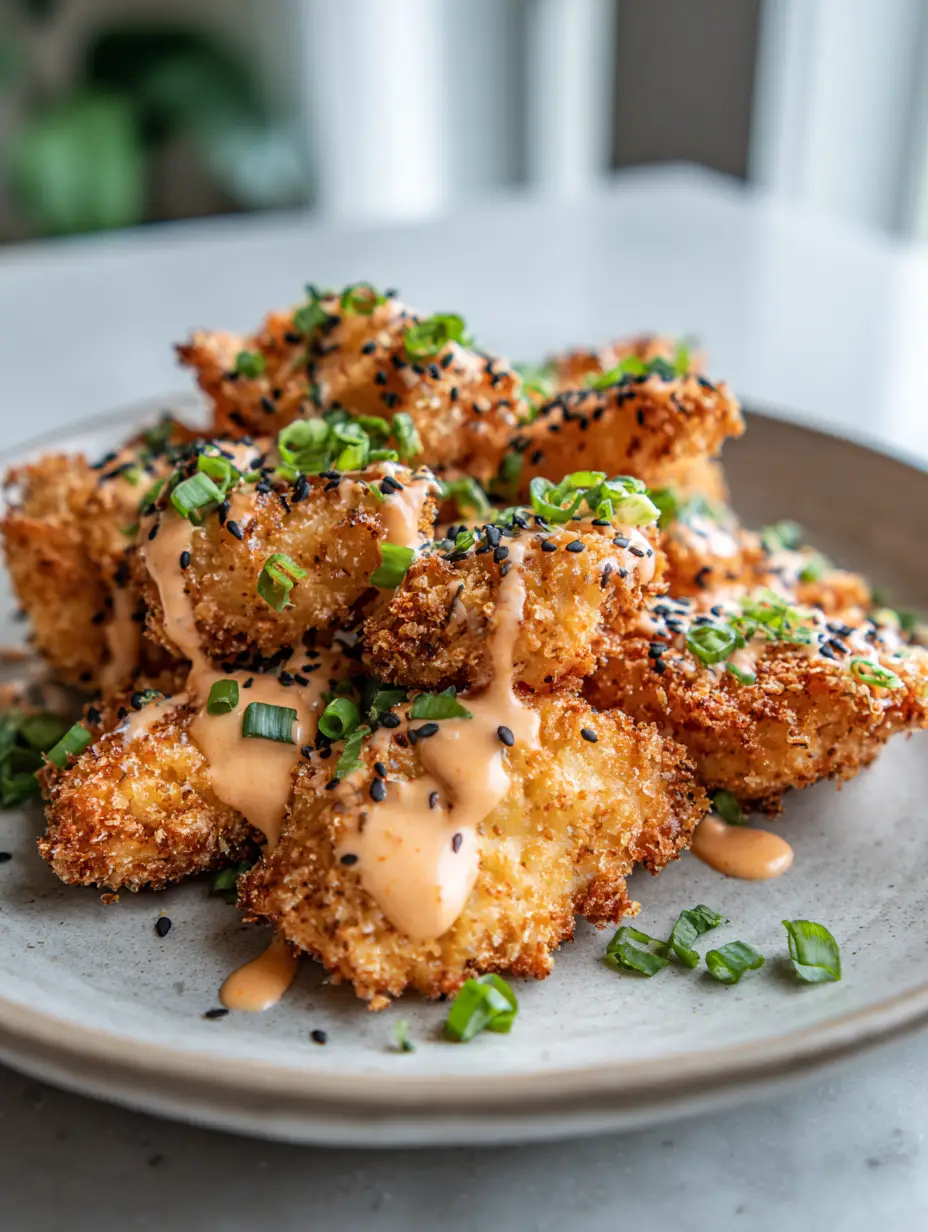 Handheld photo of craggy, panko-crusted Bang Bang Chicken Tenders on a neutral plate with soft window lighting.