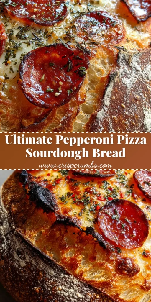 A round Pepperoni Pizza Sourdough loaf with charred pepperoni cups, melted mozzarella, and a dusting of white flour on a grey background.