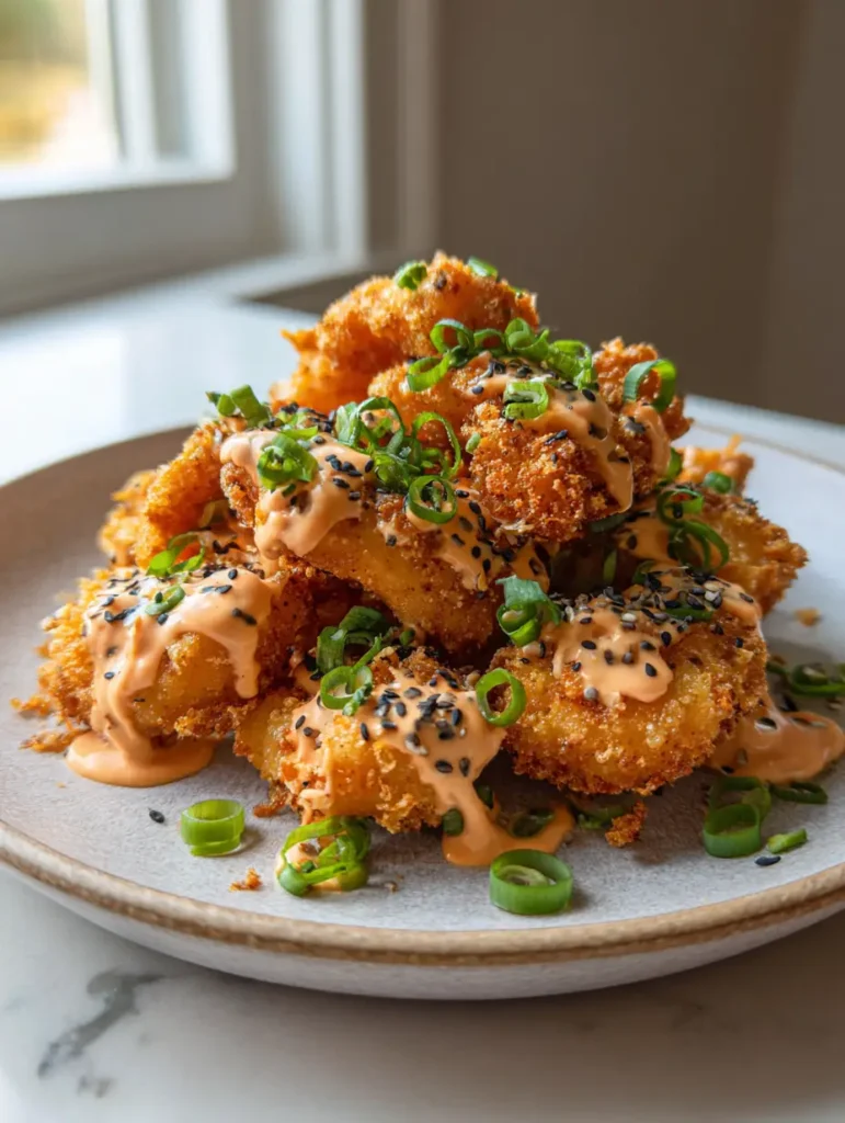 Close up of pale orange bang bang sauce drizzled over fried chicken tenderloins with black sesame seeds.