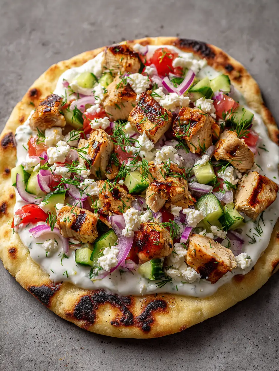 Close-up of Greek Chicken Flatbread showing seared chicken cubes and translucent red onion crescents.