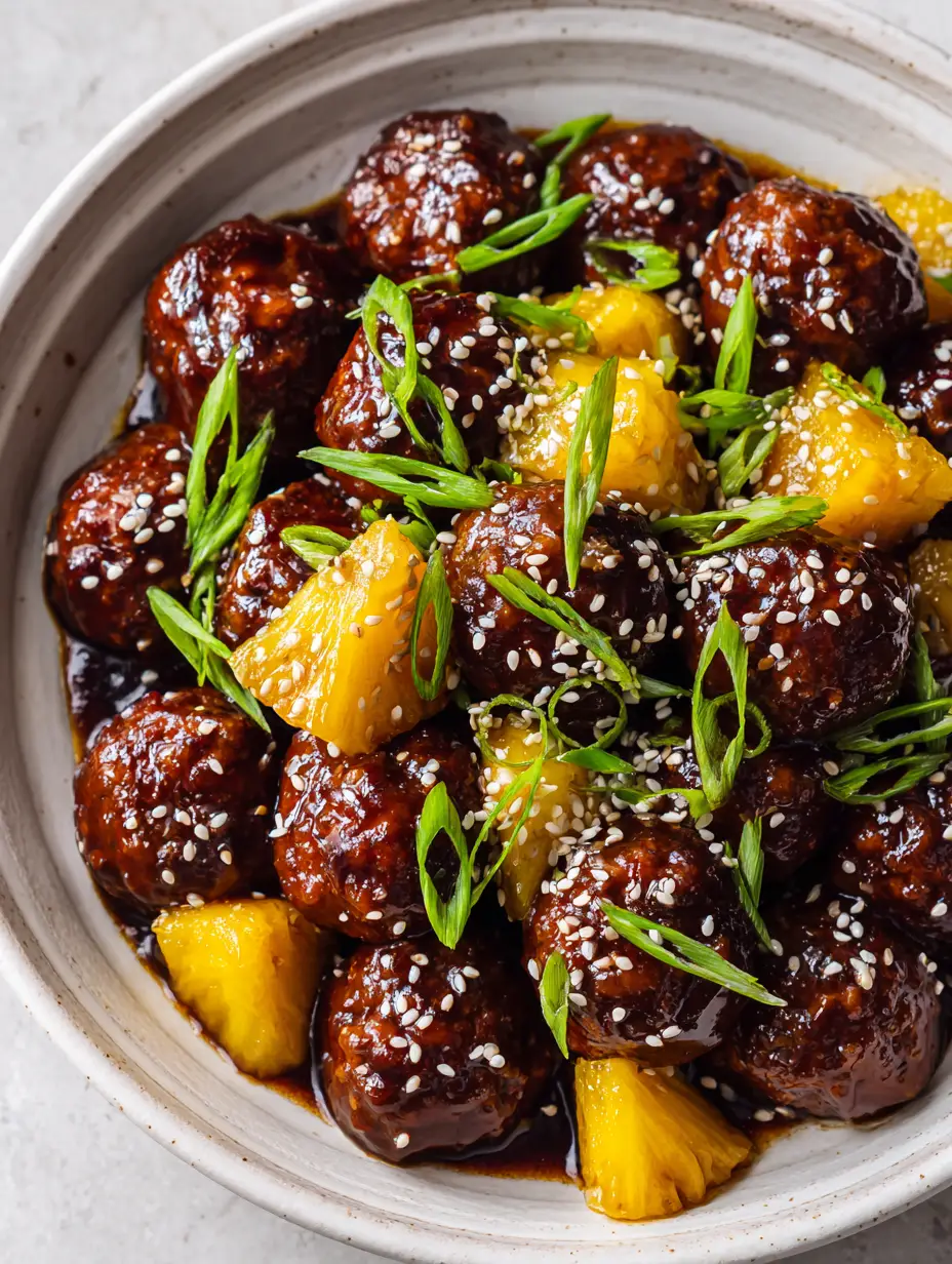 Top-down view of Slow Cooker Teriyaki Meatballs with dark mahogany glaze and green scallions.