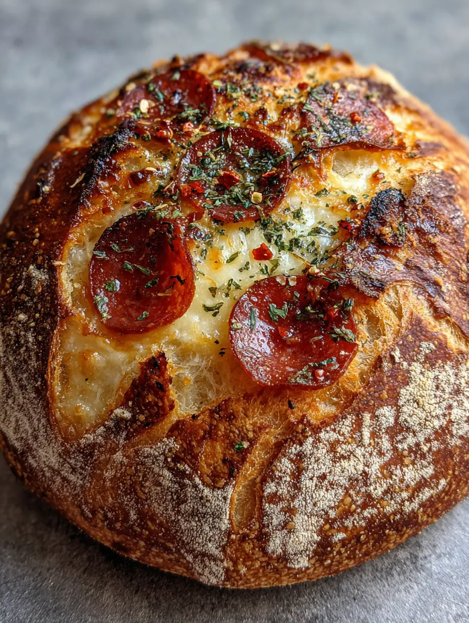 Close-up of artisan Pepperoni Pizza Sourdough showing deep scoring and melted cheese bubbling through the crust.