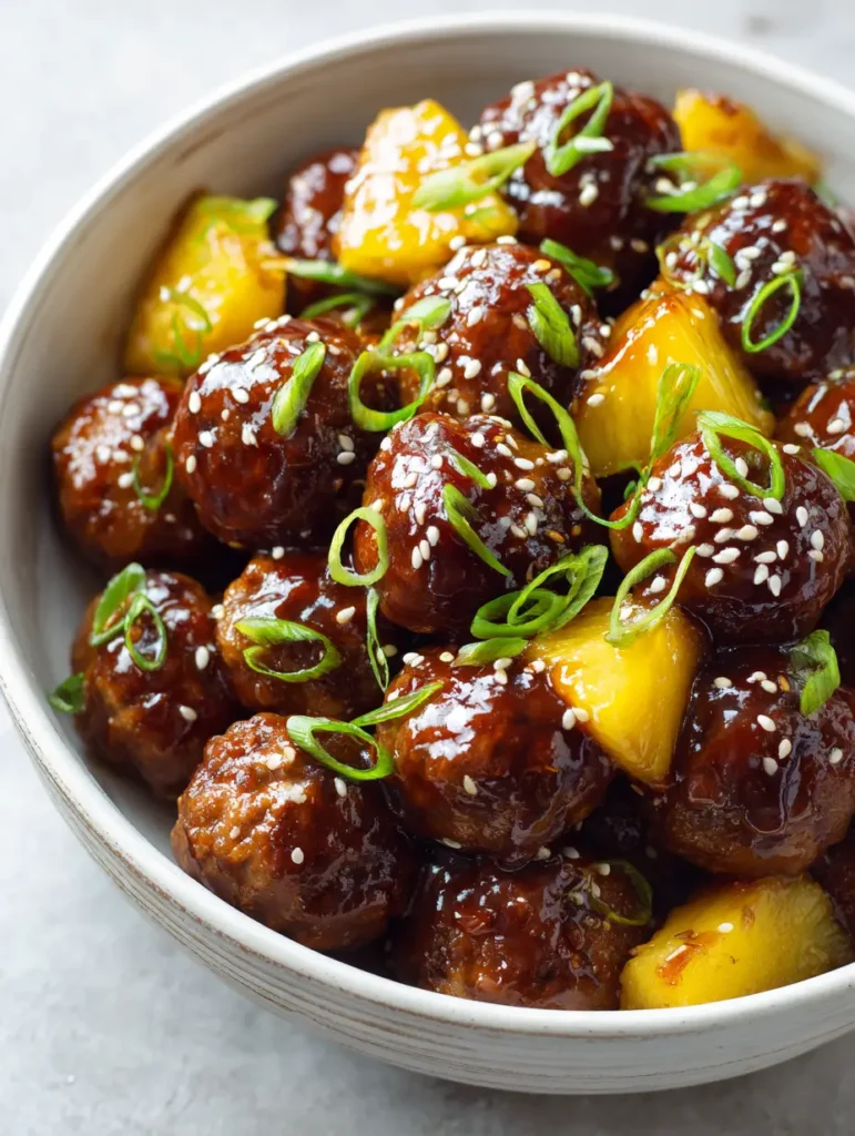 Close-up of softened pineapple tidbits and sesame-coated Slow Cooker Teriyaki Meatballs.