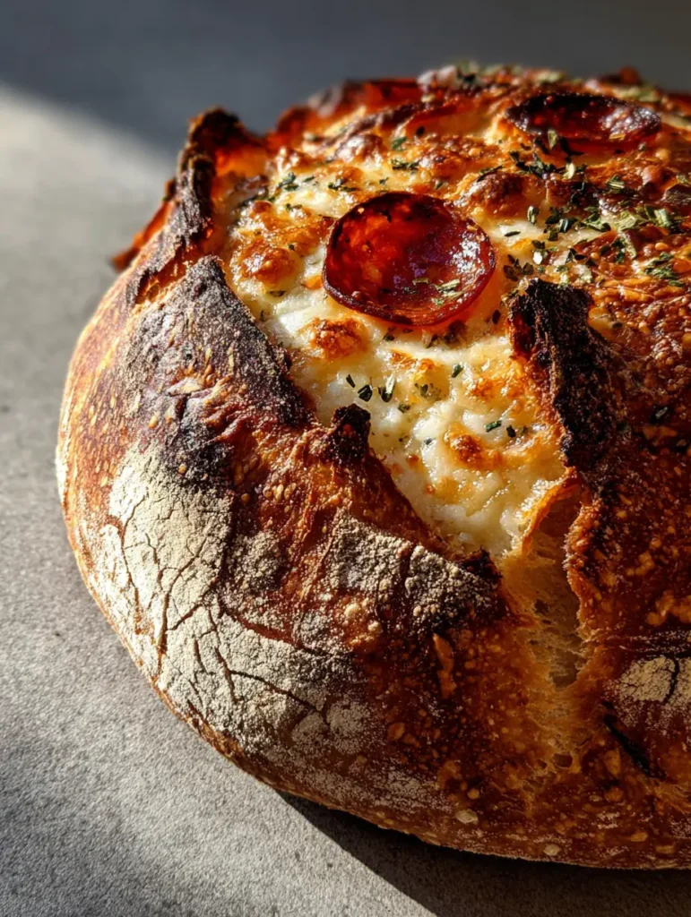 High-angle view of a crusty sourdough loaf topped with charred pepperoni and red pepper flakes.