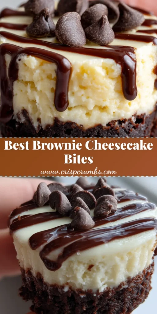 A close-up vertical shot of Brownie Bottom Cheesecake Bites with a glossy chocolate drizzle and mini chips, perfect for Pinterest.