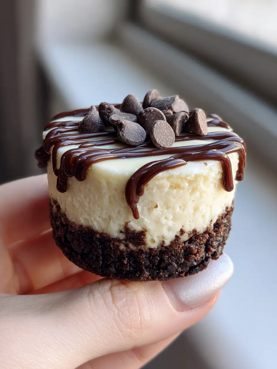A handheld smartphone photo of a single round Brownie Bottom Cheesecake Bite showing the thick fudgy base and ivory top.