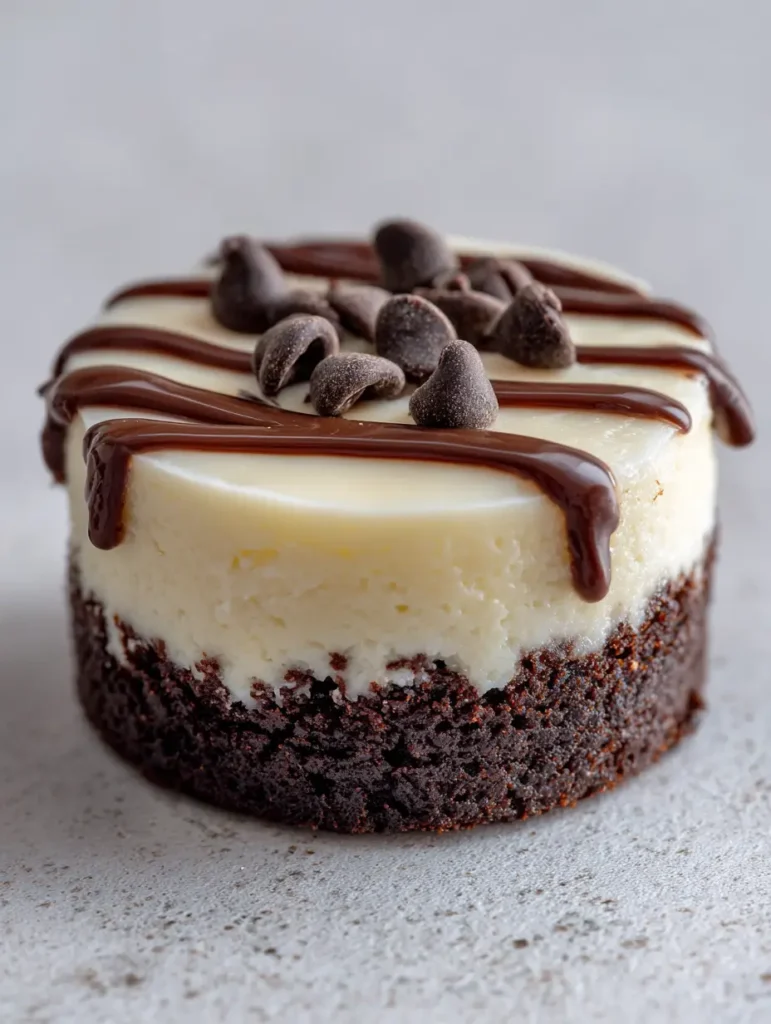 Detailed view of the glossy dark chocolate ganache drizzle and mini chips on Brownie Bottom Cheesecake Bites.