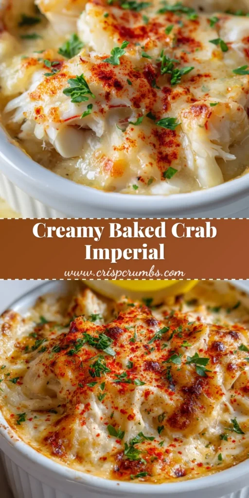 A close-up vertical shot of Crab Imperial in a white ramekin with a golden-brown crust and lemon wedge.