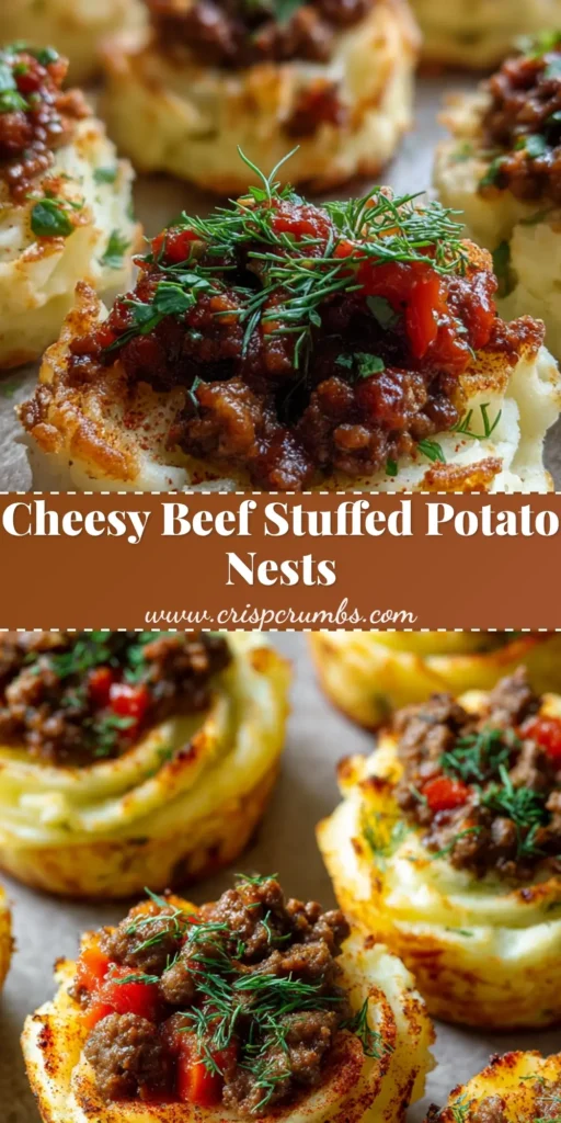 A top-down view of several Stuffed Mashed Potato Nests on a baking sheet, showing golden-brown piped peaks and a savory beef filling garnished with dill.