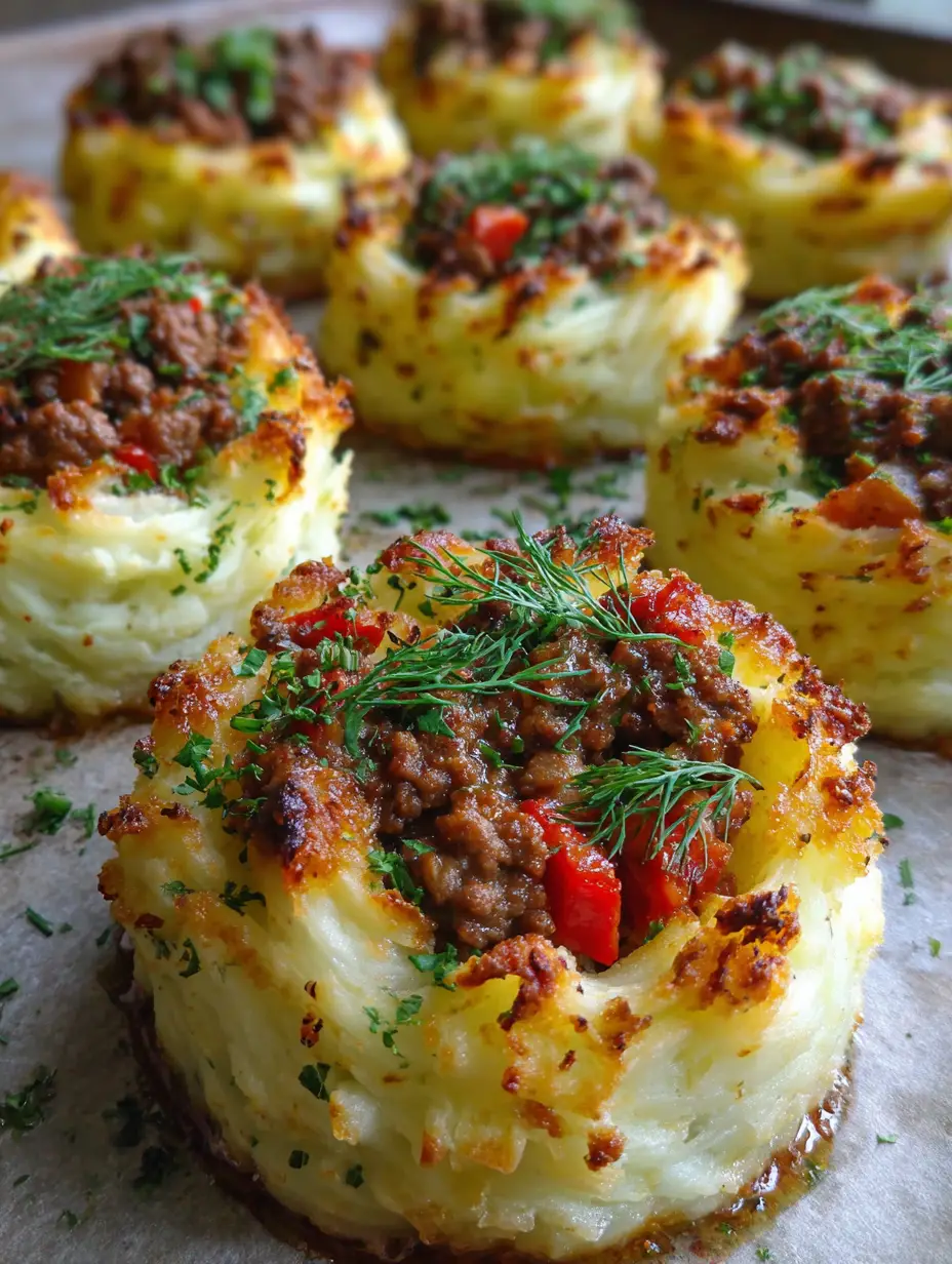 A close-up smartphone photo of Stuffed Mashed Potato Nests with visible dill flecks and golden toasted peaks.