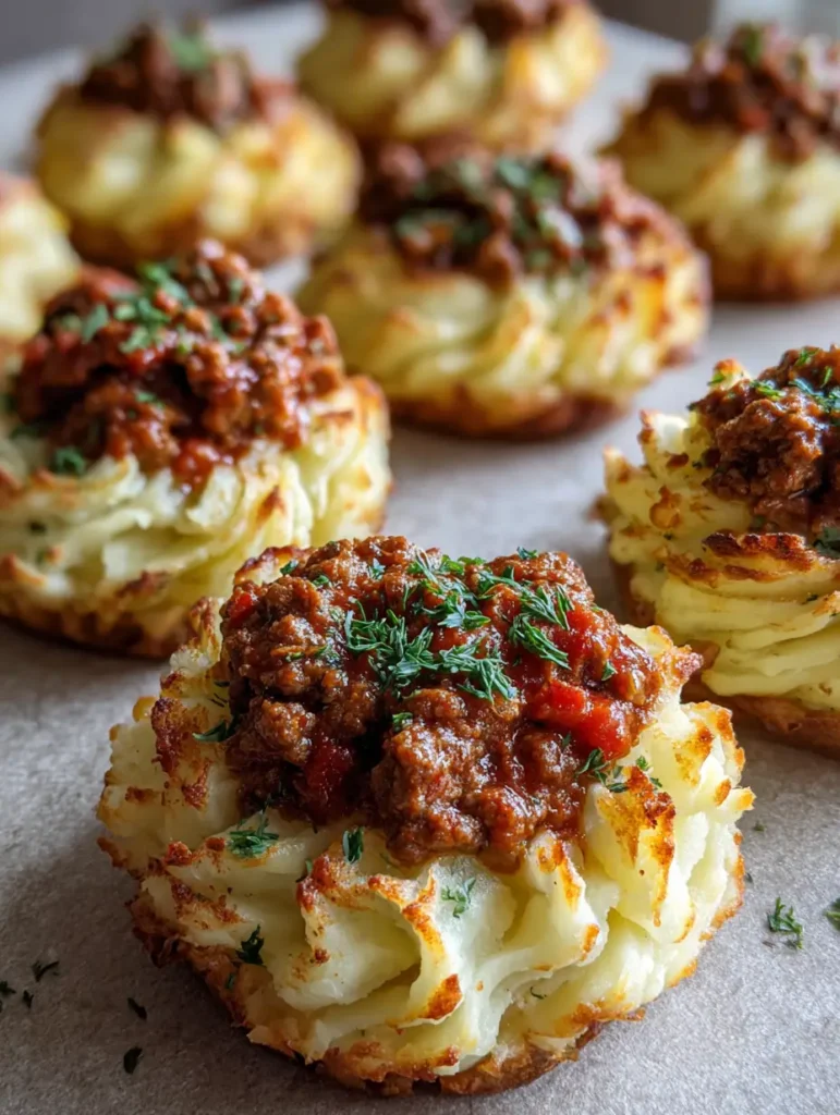Multiple Stuffed Mashed Potato Nests arranged on a neutral surface with soft natural lighting.
