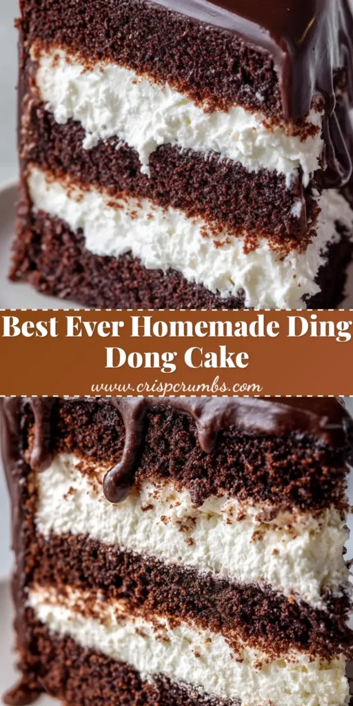 Ding Dong Cake Recipe: The Ultimate Homemade Dark Chocolate Nostalgia Cake 4 A tall slice of dark chocolate Ding Dong Cake with thick white filling and glossy ganache on a white plate. (Ding Dong Cake Recipe)