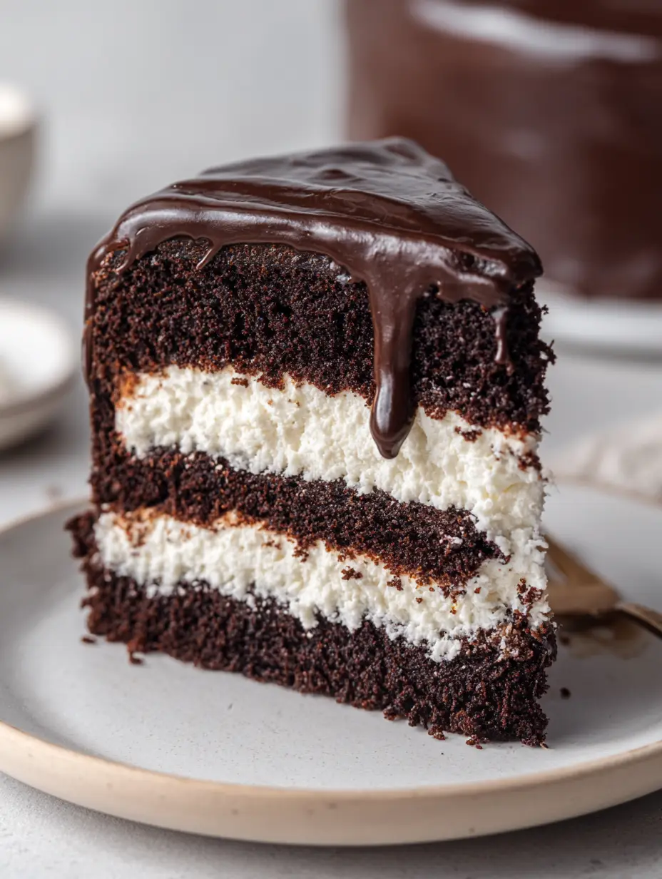 Ding Dong Cake Recipe: The Ultimate Homemade Dark Chocolate Nostalgia Cake 3 Close-up of a slice of Ding Dong Cake showing the moist dark sponge and bright white cream. (Ding Dong Cake Recipe)