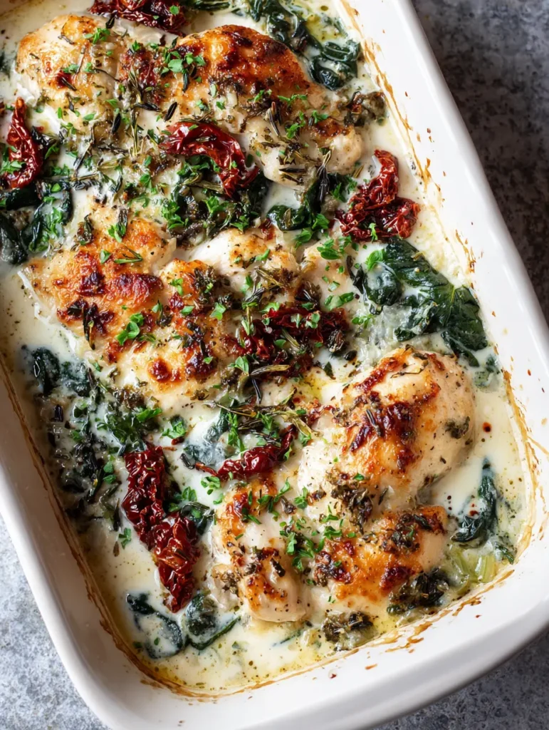 Overhead view of a Baked Tuscan Chicken Casserole with toasted mozzarella cheese spots and fresh parsley garnish.