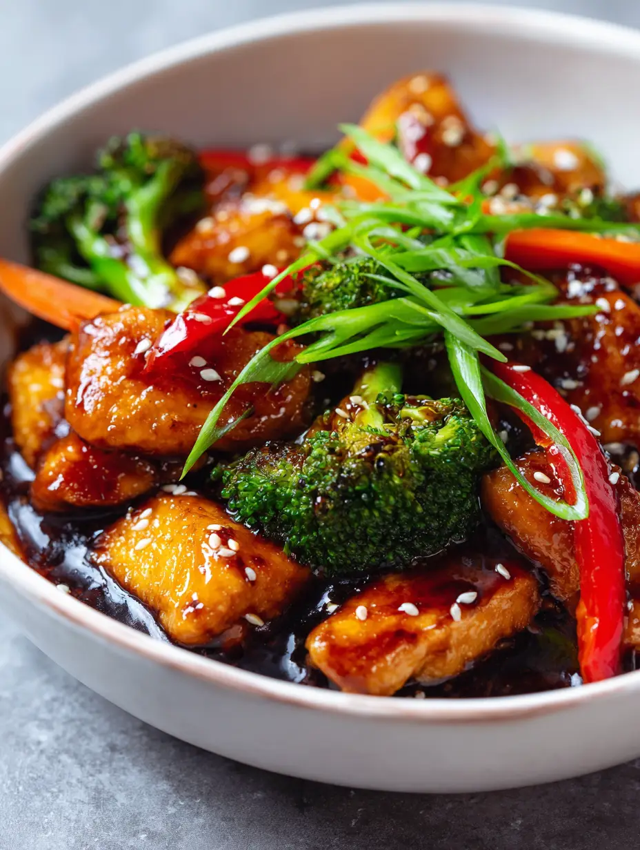 Extreme close-up of golden-seared chicken breast chunks coated in a dark amber garlic sauce with visible minced garlic bits. (Chinese Chicken in Garlic Sauce)