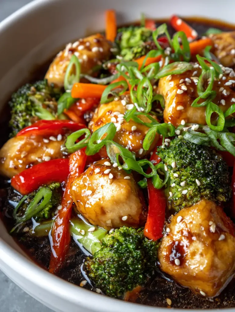 A white ceramic bowl filled with Chinese Chicken in Garlic Sauce, showing vibrant red pepper strips and green broccoli under soft daylight. (Chinese Chicken in Garlic Sauce)