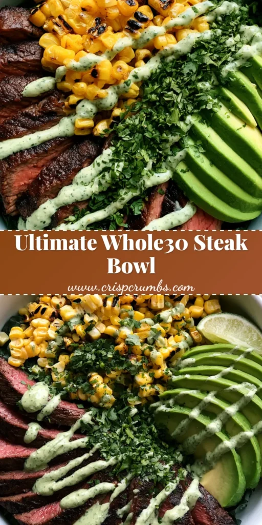 Whole30 Steak and Avocado Bowl with Charred Sweet Corn 4 A handheld smartphone photo of a Whole30 Steak and Avocado Bowl with charred corn and cilantro cream sauce. (Whole30 Steak and Avocado Bowl)