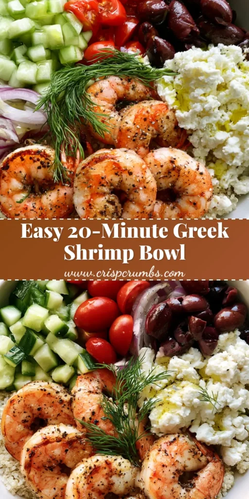 Greek Shrimp Mediterranean Bowl: A High-Protein Zesty Superfood Delight 4 A shallow white bowl containing a deconstructed Greek Shrimp Mediterranean Bowl with seared shrimp, white quinoa, and fresh vegetables.