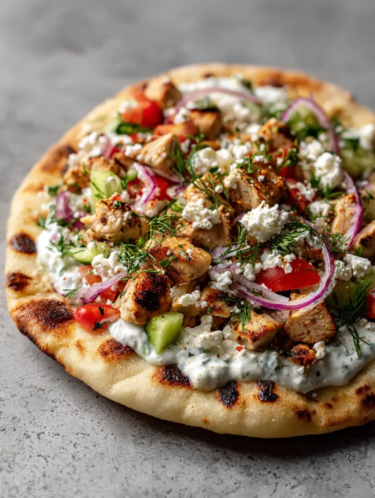 Greek Chicken Flatbread with thick white tzatziki sauce and large crumbles of feta cheese.