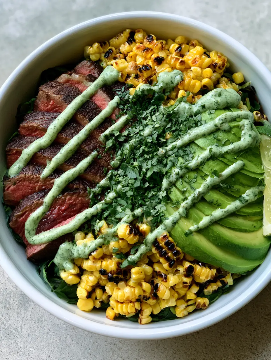 Whole30 Steak and Avocado Bowl with Charred Sweet Corn 3 Top-down view of a round white bowl containing fan-sliced steak, charred corn, and avocado. (Whole30 Steak and Avocado Bowl)