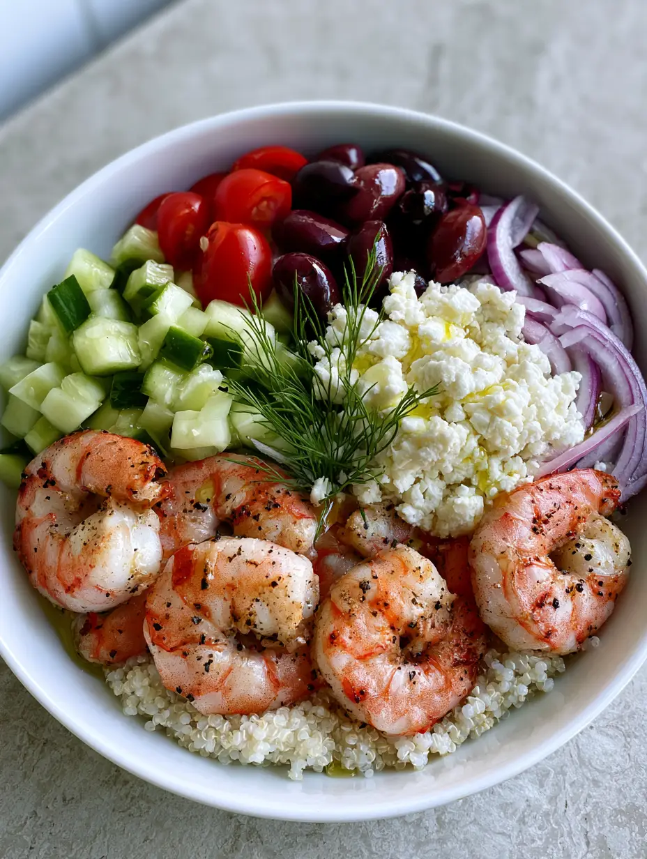 Greek Shrimp Mediterranean Bowl: A High-Protein Zesty Superfood Delight 3 Top down view of a Greek Shrimp Mediterranean Bowl showing organized sections of feta, olives, tomatoes, and charred shrimp.