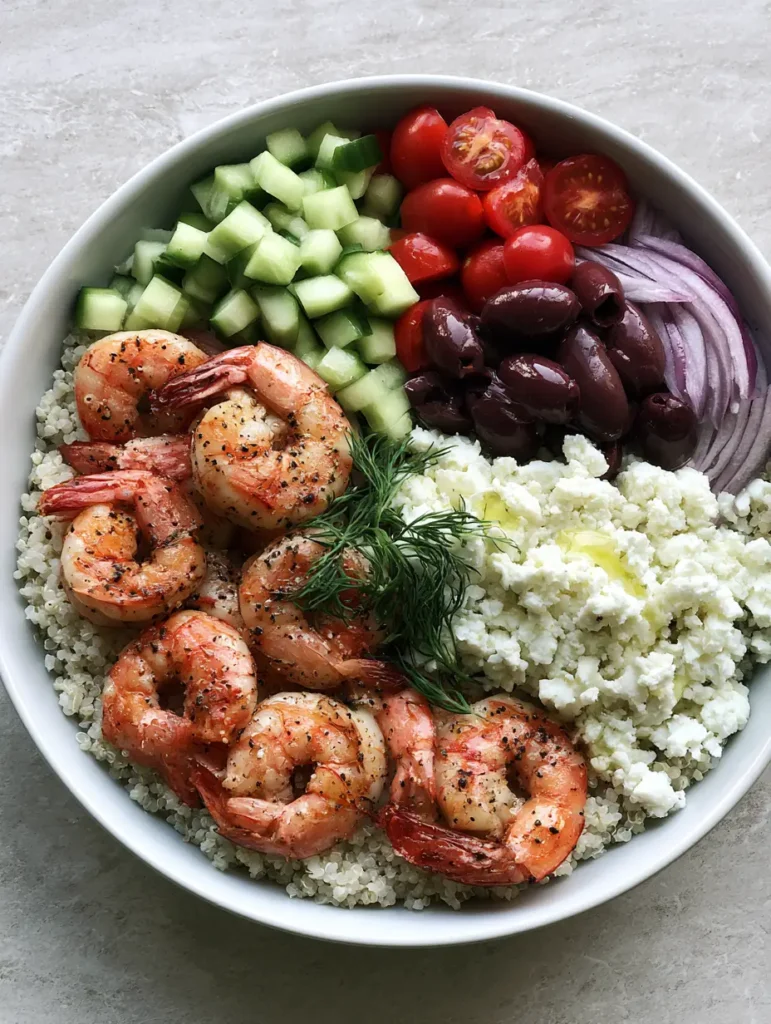 Greek Shrimp Mediterranean Bowl: A High-Protein Zesty Superfood Delight 1 Close up of seared shrimp with black pepper seasoning on a bed of white quinoa in a Greek Shrimp Mediterranean Bowl.