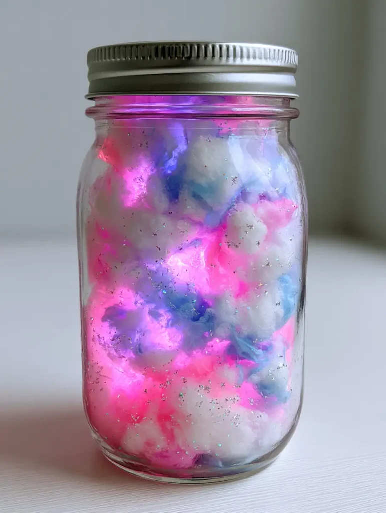 DIY Cotton Candy Glow Jars: Create a Radiant Marbled Masterpiece 1 The soft magenta and azure radiance of the DIY Cotton Candy Glow Jars illuminated from within.
