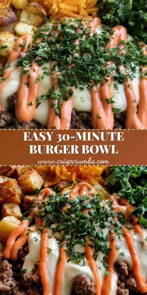 A smartphone photo of a Smash Burger Bowl in a dark grey bowl featuring seared beef crumbles, crispy potato cubes, shredded kale, and vibrant orange-pink burger sauce drizzled over white cheese sauce.