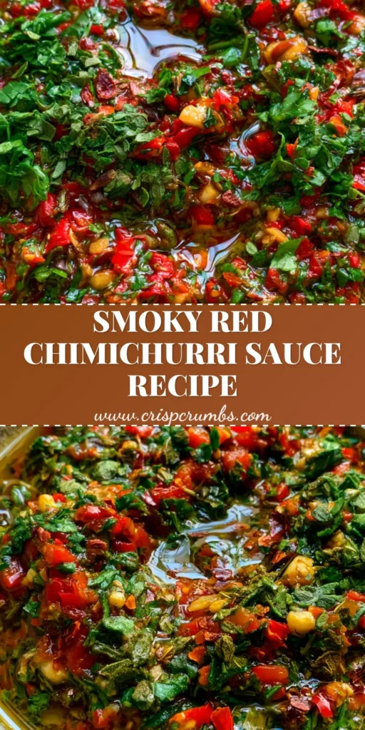 Smoky Red Chimichurri Sauce: The Ultimate Bold Argentinian Condiment 3 A close-up of Smoky Red Chimichurri Sauce in a textured bowl, showing vibrant red peppers and green herbs in glossy oil.