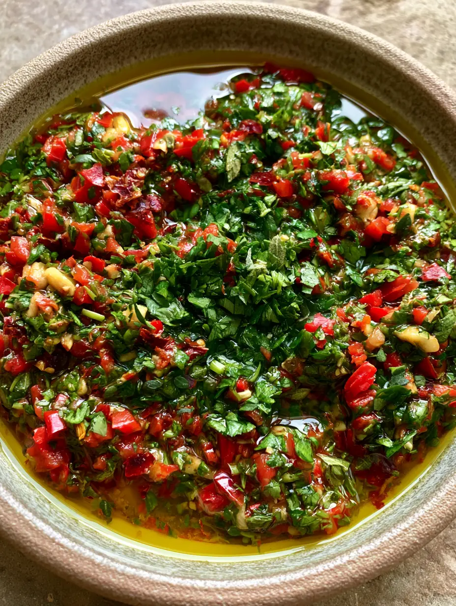 Smoky Red Chimichurri Sauce: The Ultimate Bold Argentinian Condiment 4 A handheld smartphone photo of a textured ceramic bowl filled with vibrant, chunky smoky red chimichurri sauce.