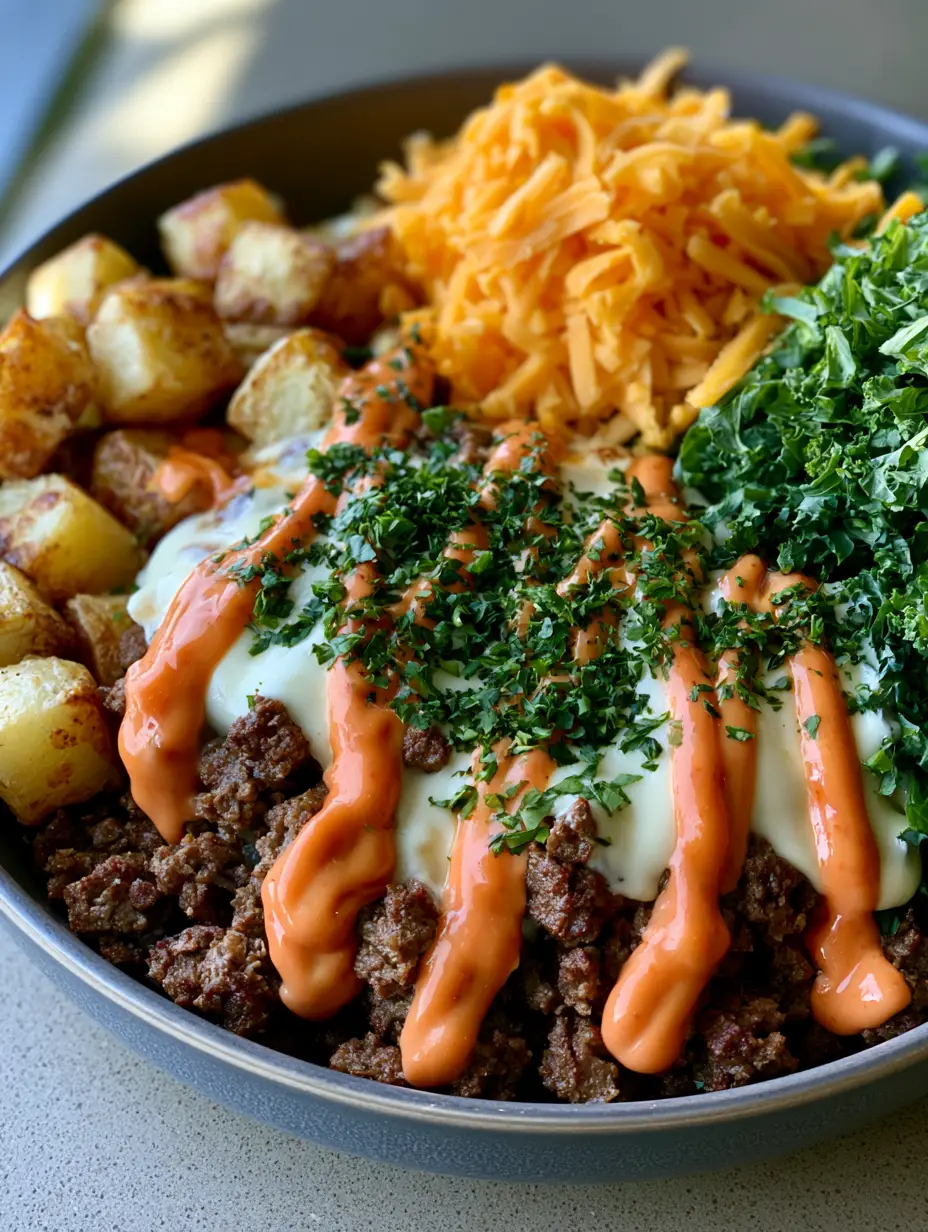 Close up of a Smash Burger Bowl showing the texture of browned ground beef, golden-brown roasted potatoes, and shredded orange cheddar cheese.