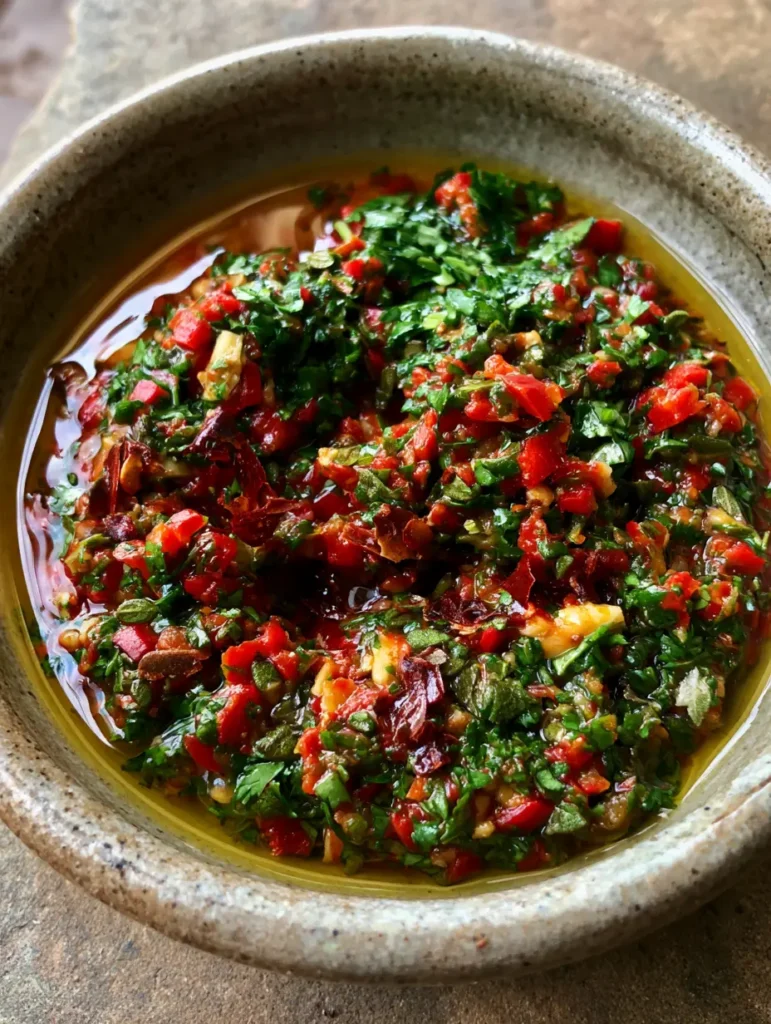 Smoky Red Chimichurri Sauce: The Ultimate Bold Argentinian Condiment 1 Top-down view of the textured red chimichurri sauce highlighting the glossy golden olive oil and minced garlic.