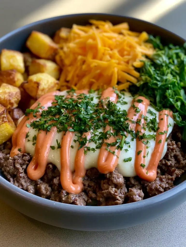 Overhead view of a Smash Burger Bowl in a ceramic bowl with distinct layers of white cheese sauce and orange-pink special sauce drizzled over beef.
