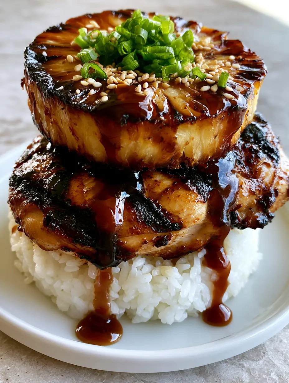 Huli Huli Chicken Stack with Grilled Pineapple and Jasmine Rice 3 Close up of a Huli Huli Chicken Stack with glossy amber glaze cascading down layers of grilled pineapple and chicken.
