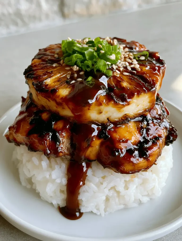 Huli Huli Chicken Stack with Grilled Pineapple and Jasmine Rice 1 Top view of Huli Huli Chicken Stack showing green scallions and sesame seed garnish on a white ceramic plate.