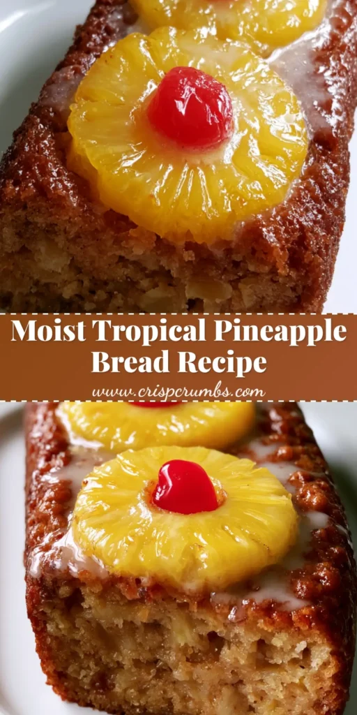 A close-up of a golden-brown Pineapple Bread loaf topped with caramelized pineapple rings and maraschino cherries on a white plate.