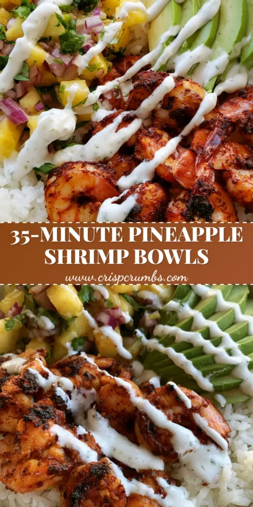 A top-down view of a Pineapple Shrimp Rice Bowl featuring seared shrimp, pineapple salsa, and fanned avocado on jasmine rice.