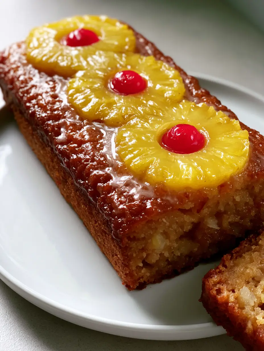 Rectangular loaf of Pineapple Bread with three yellow pineapple rings and red cherries, glazed and sliced at the end.