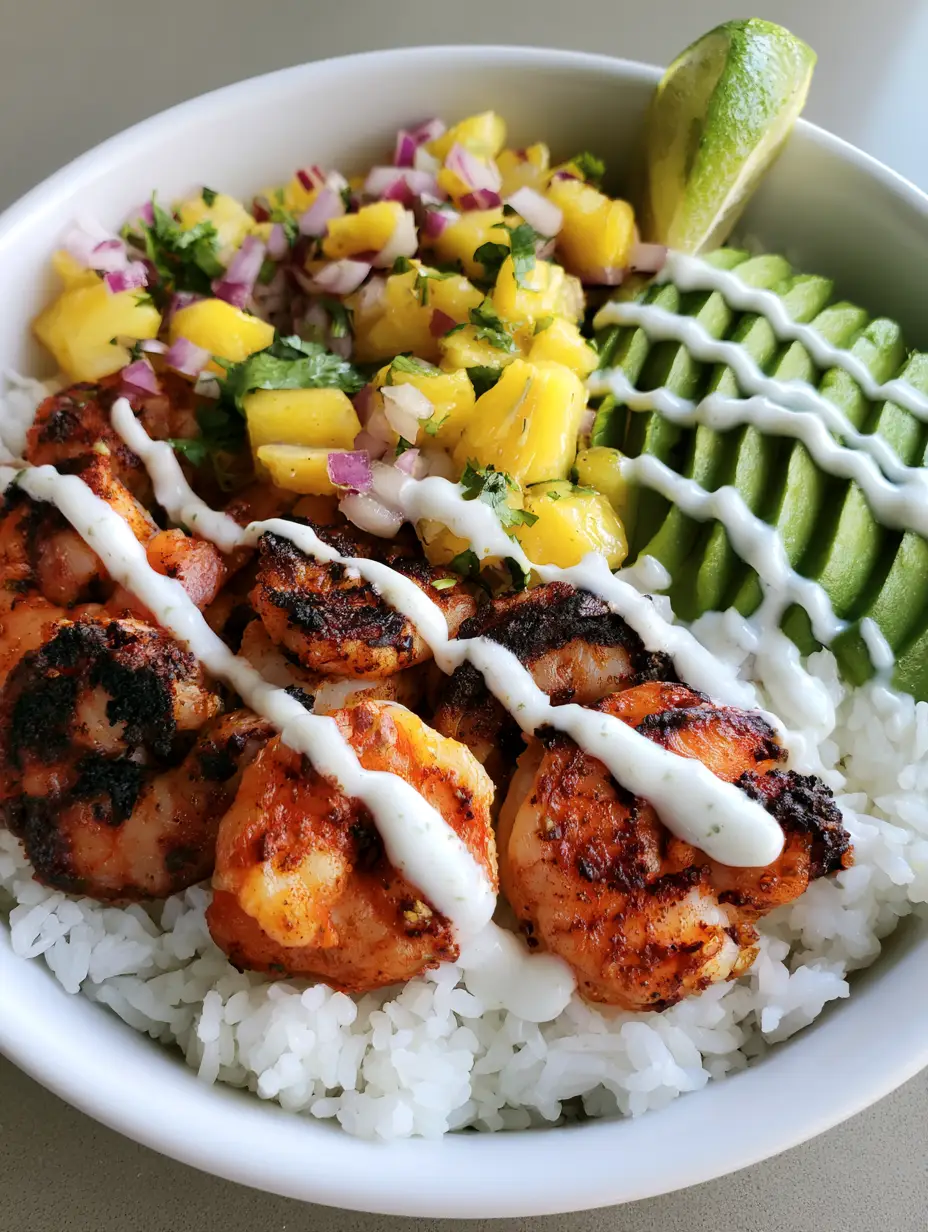 A white ceramic bowl filled with fluffy jasmine rice, spice-rubbed seared shrimp, and fresh pineapple salsa. (Pineapple Shrimp Rice Bowls)