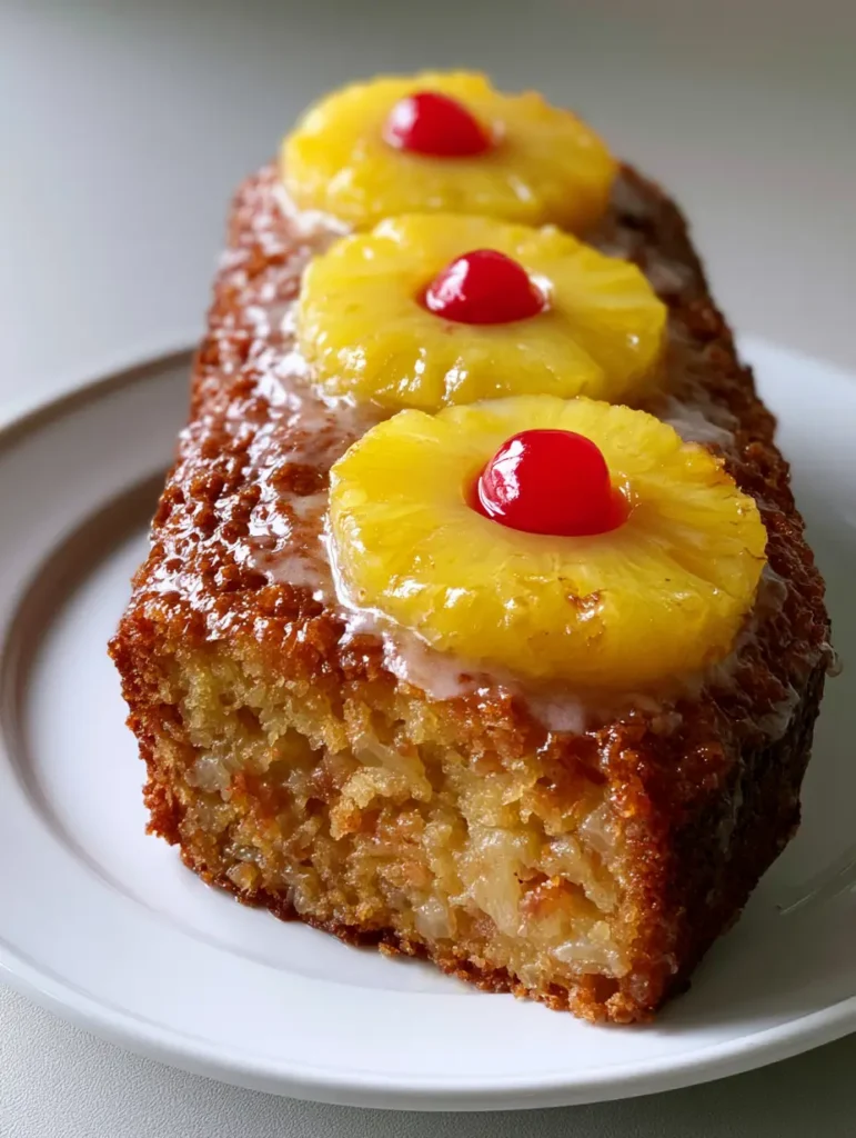 Overhead view of a glazed Pineapple Bread loaf on a white ceramic plate against a neutral background.
