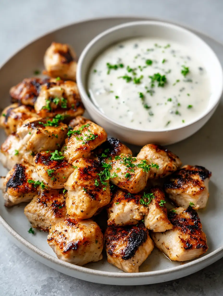 Grilled Chicken Bites With Velvety Garlic Dipping Sauce