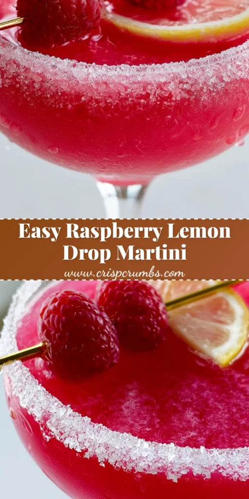 A vibrant pink Raspberry Lemon Drop Martini in a coupe glass with a sparkling sugar rim and a gold garnish pick. (Raspberry Lemon Drop Martini)