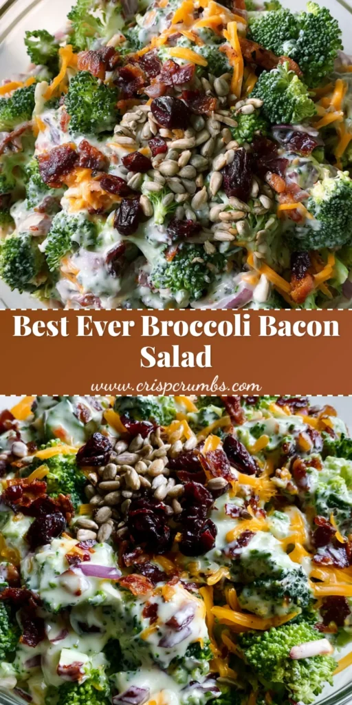 A clear glass mixing bowl filled with colorful Broccoli Salad with Bacon, featuring raw green florets, orange cheddar, and crispy bacon on a white marble surface.
