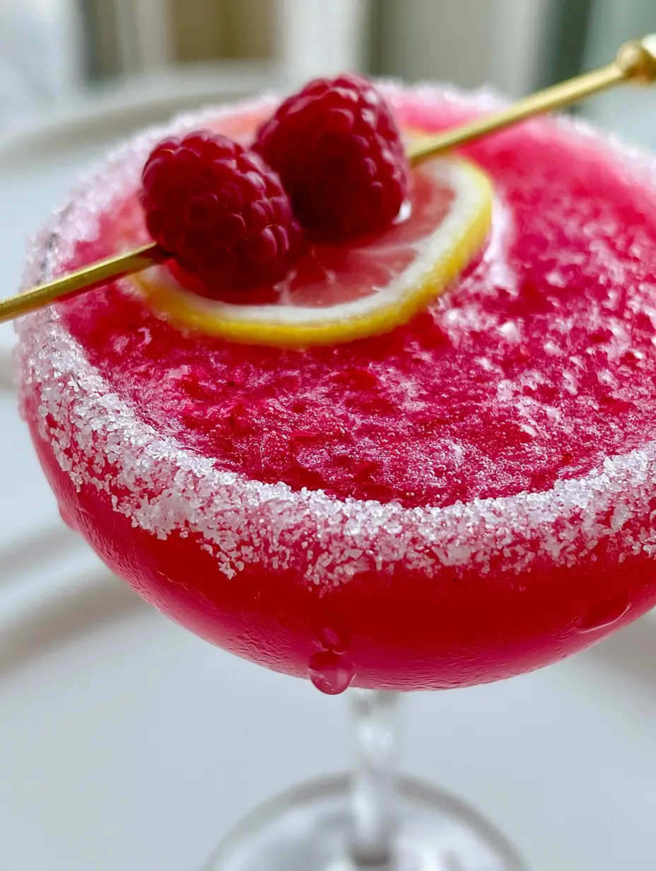 A close-up shot of a bright magenta-red Raspberry Lemon Drop Martini with condensation on the glass. (Raspberry Lemon Drop Martini)