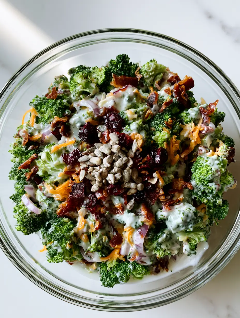Top-down view of Broccoli Salad with Bacon showing thin red onion half-moons and vibrant green broccoli coated in creamy white dressing.