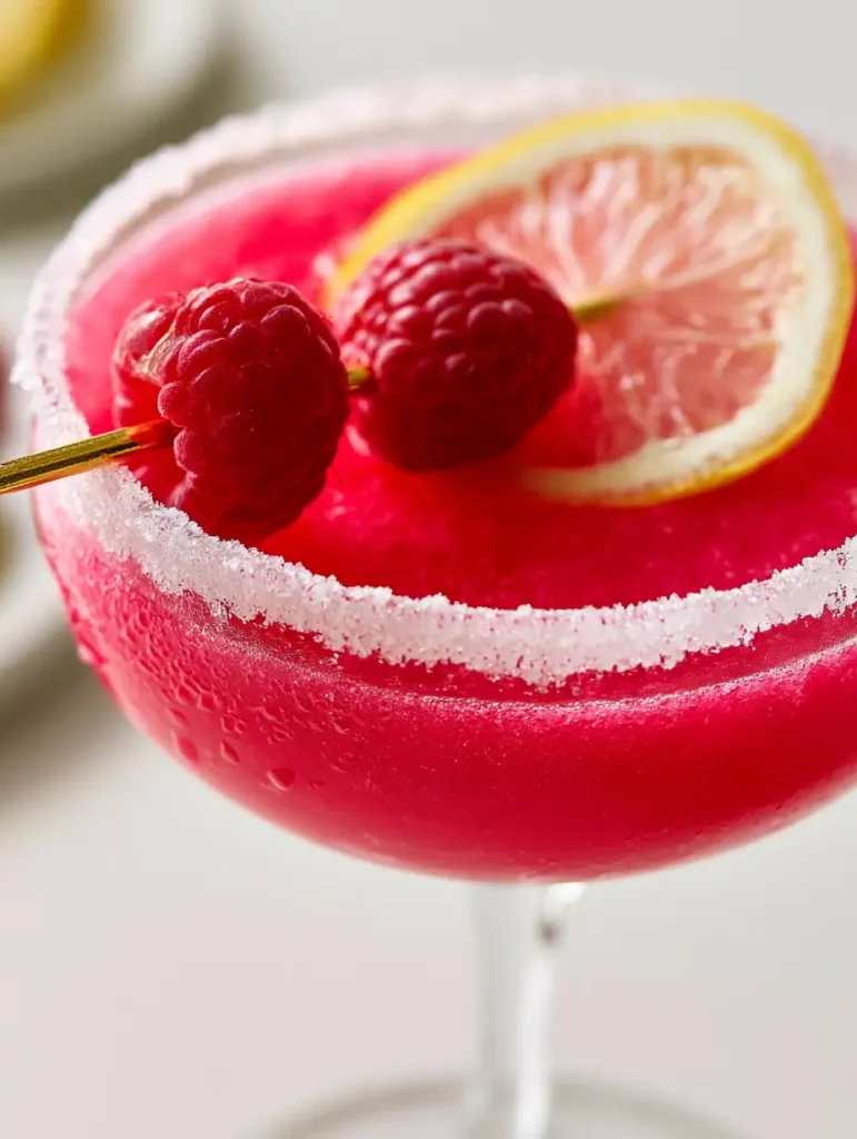 Top-down view of a thick sparkling white sugar rim on a Raspberry Lemon Drop Martini glass.