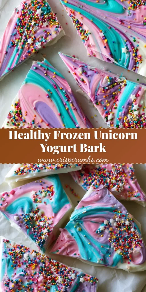 Unicorn Yogurt Bark: The Ultimate Magical Frozen Snack 4 A top-down view of broken shards of Unicorn Yogurt Bark with colorful swirls and star sprinkles on parchment paper.