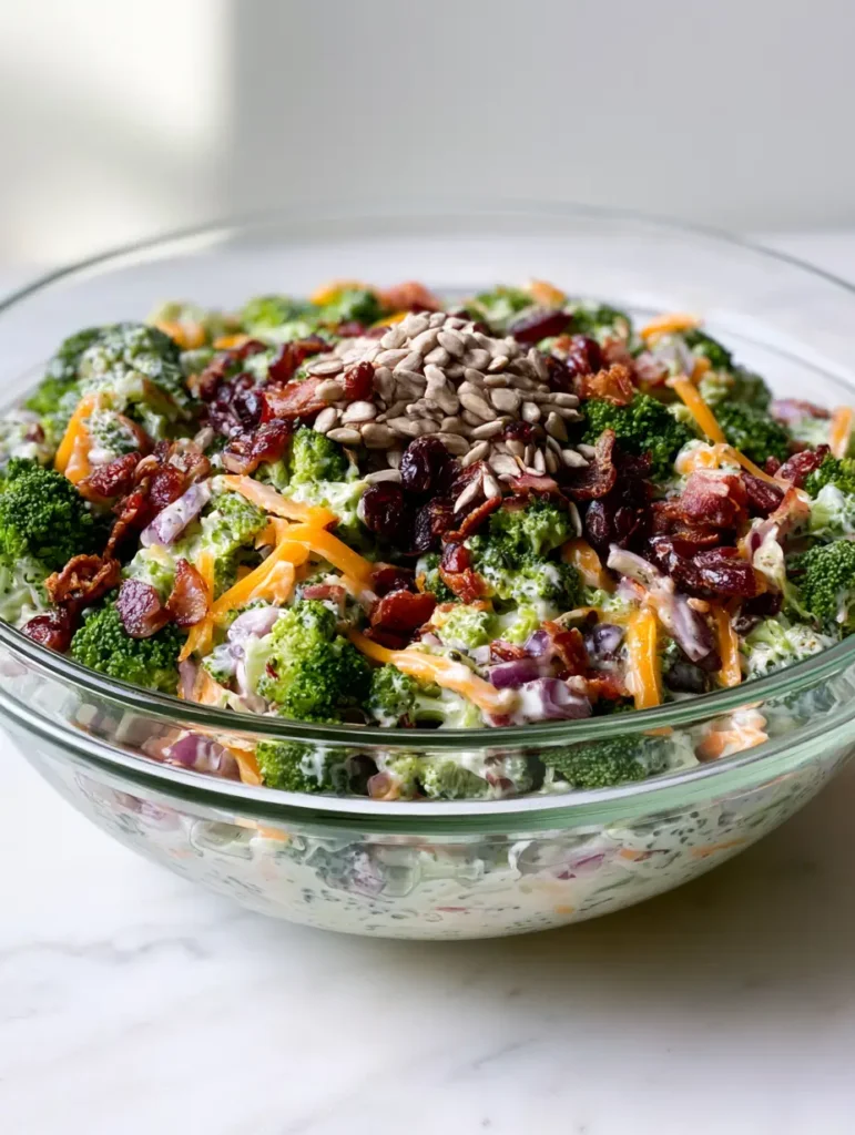 Side view of a glass bowl on marble with Broccoli Salad with Bacon, highlighting the dressing pooling slightly at the bottom.