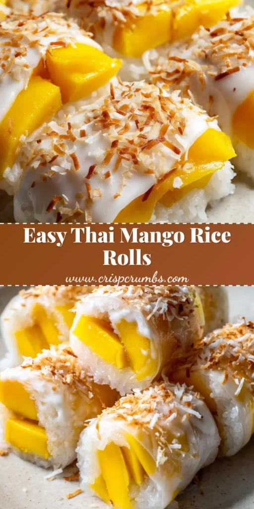 Mango Sticky Rice Rolls: The Ultimate Handheld Thai Dessert Recipe 4 A close up of Thai Mango Sticky Rice Rolls on a ceramic plate, featuring glistening white rice and vibrant yellow mango spears coated in toasted coconut.