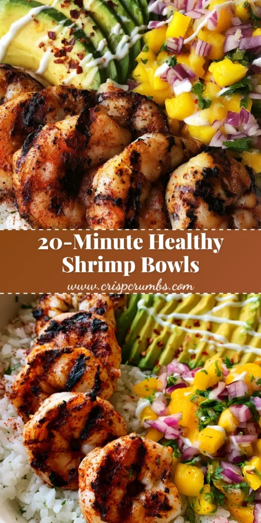 A wide white ceramic bowl containing charred chili shrimp, sliced avocado fans, vibrant mango salsa, and cilantro-lime rice. (Healthy Shrimp and Avocado Bowls)